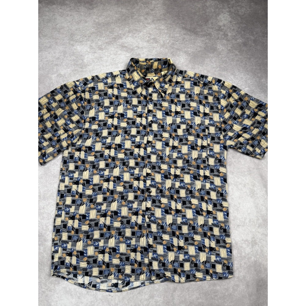 Vintage Billion Bay Shirt Mens Medium Blue Beige Rayon Abstract Floral 90s Korea